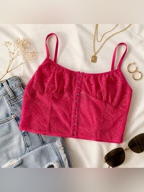 Hot Pink Lace Corset Top • Hook & Eye • Festival / Going Out • Size S
